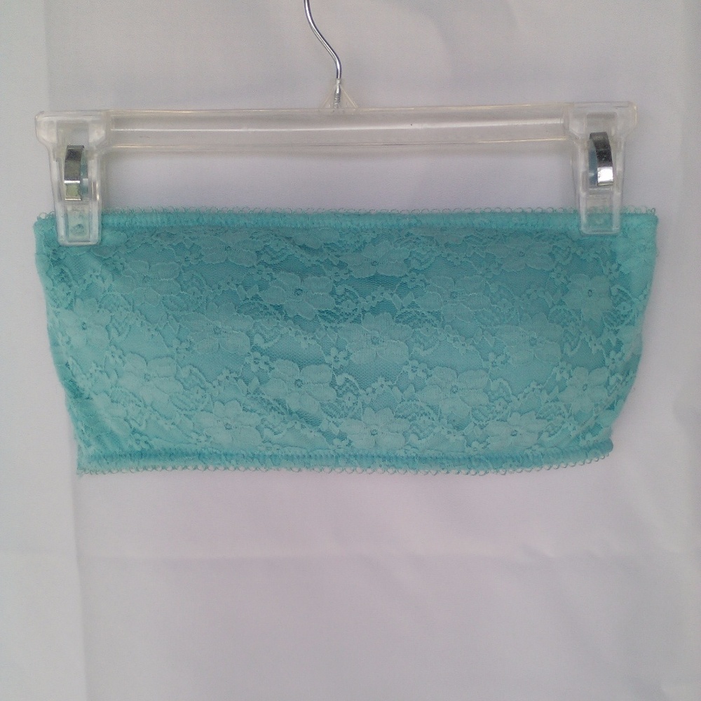 ~Stretchy Floral Aqua Blue Lace Lined Bandeau W/ Removable Pads Eyelet Sheer Bac